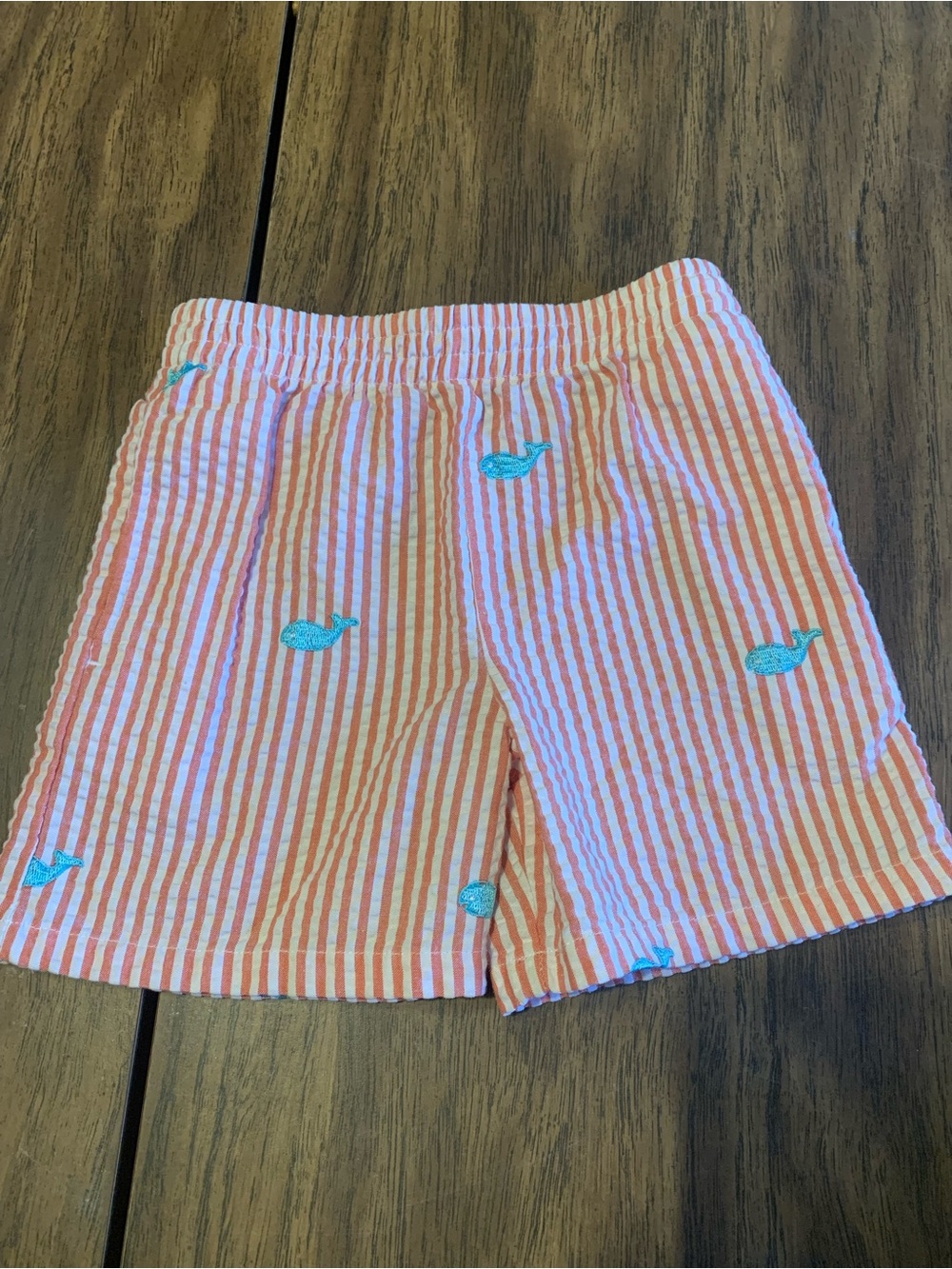 Kelly's Kids Coral and White Striped Shorts with Teal Whale Embroidery